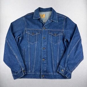 Vintage Plain Pockets Denim Jacket Mens 44 Tall Blue Made in USA Trucker Coat